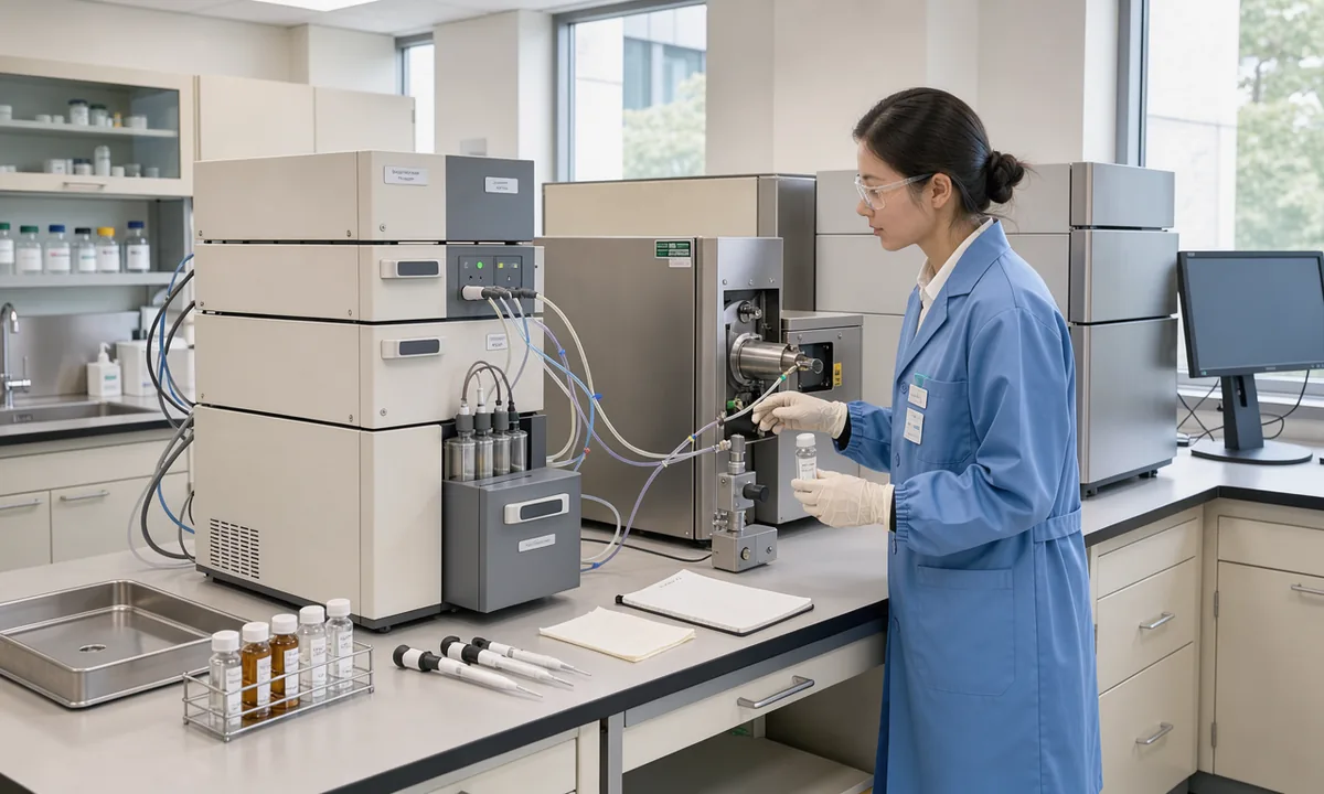Technician beside a liquid chromatography and mass spectrometry instrument on a bright bench