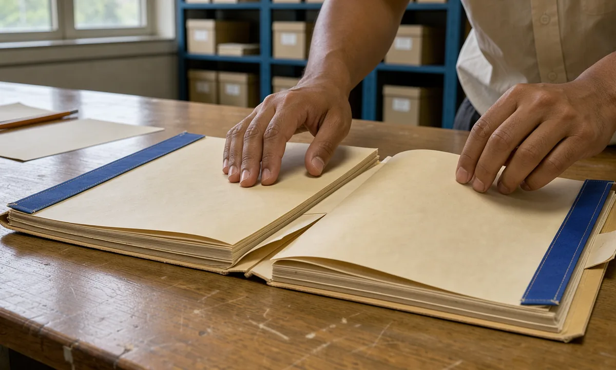 Hands separating blue-tabbed folders across a pale wooden reading desk
