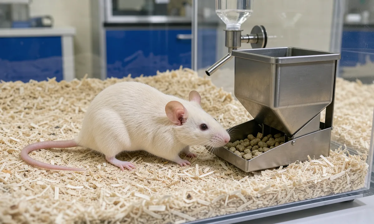 Laboratory mouse beside a metal feeding hopper in a bright clear enclosure
