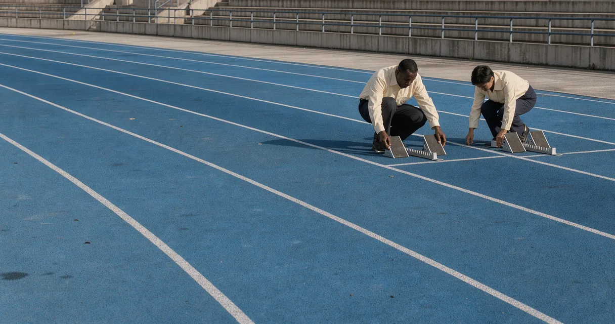 Two track officials arranging starting blocks on a blue athletics track